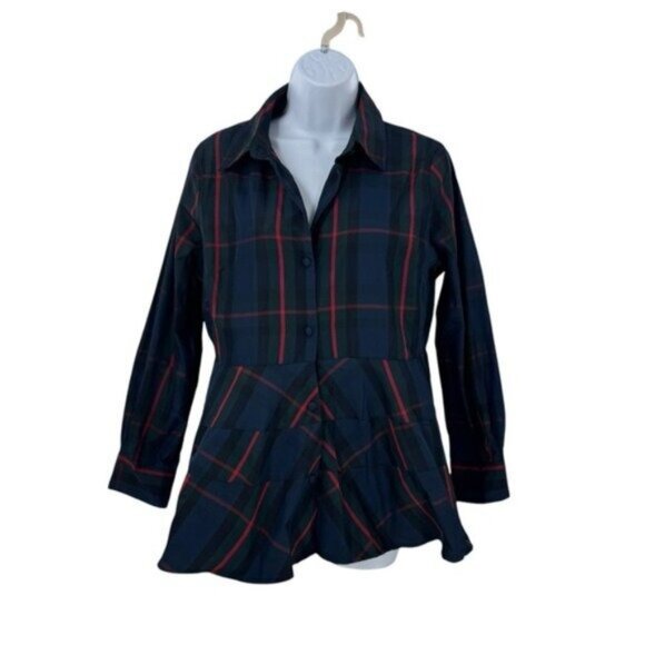 Pomander Place NEW Fraser Navy Plaid Ashlen Long Sleeve Blouse Top Size XL - Picture 4 of 8